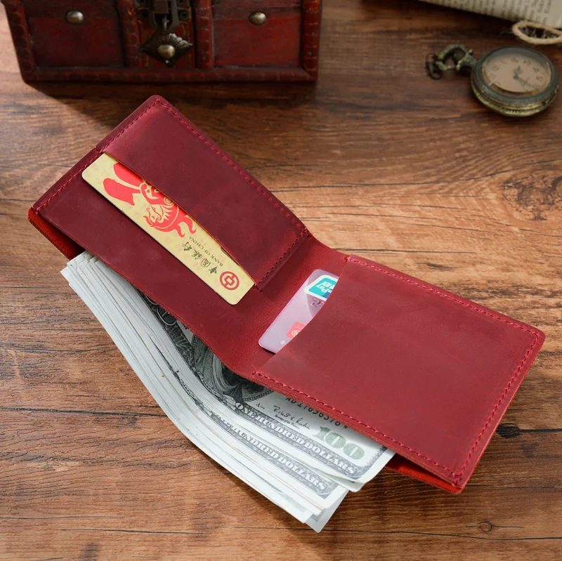 Hot Selling Custom Logo Simple Style Handmade Full Grain Leather Gift Wallet Set Crazy Horse Man Genuine Cowhide Leather Wallet - Image 5