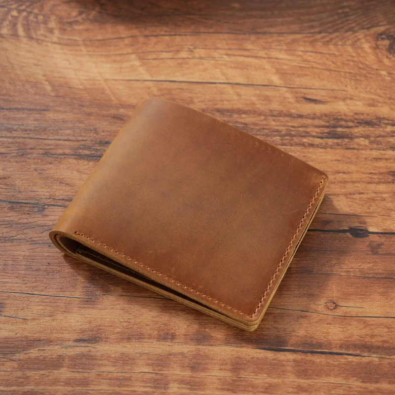 Hot Selling Custom Logo Simple Style Handmade Full Grain Leather Gift Wallet Set Crazy Horse Man Genuine Cowhide Leather Wallet - Image 6