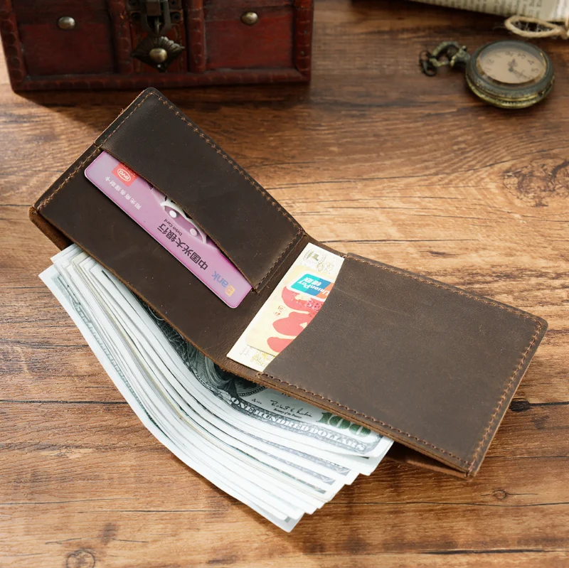 Hot Selling Custom Logo Simple Style Handmade Full Grain Leather Gift Wallet Set Crazy Horse Man Genuine Cowhide Leather Wallet - Image 3