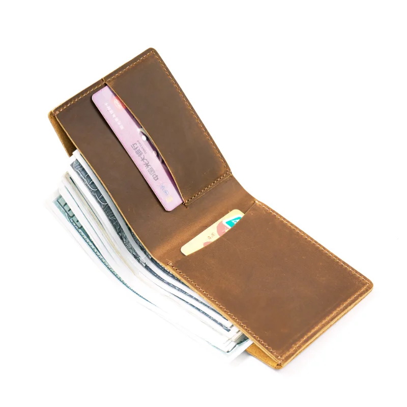 Hot Selling Custom Logo Simple Style Handmade Full Grain Leather Gift Wallet Set Crazy Horse Man Genuine Cowhide Leather Wallet - Image 2
