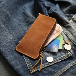 1Pc Genuine Leather Wallet for Men--Male Real Cowhide Vintage Handmade Long Slim Zipper Clutch Men's Purse Card Holder Phone Bag